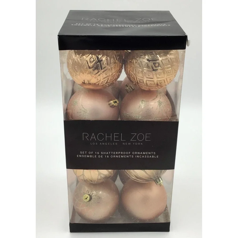 NIB Rachel Zoe 16ct Shatterproof Christmas Ornaments Rose Gold Pink Glitter New